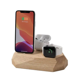 Statie lemn, tripla incarcare Iphone, Apple Watch, AirPods